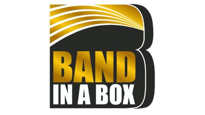 Band-in-a-Box logo is a large black capital B with gold 'BAND' and white 'IN A BOX' embedded in it